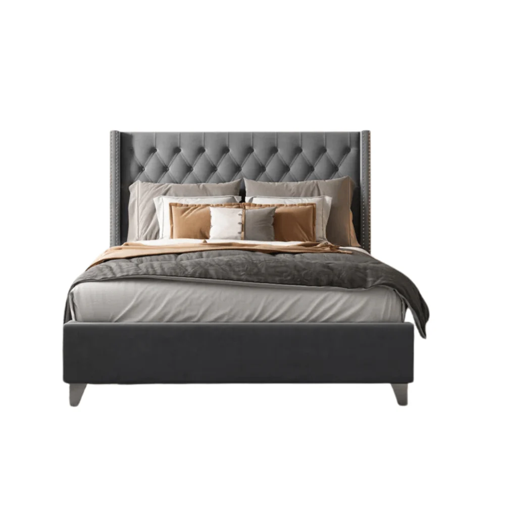 Furniture Crew York Queen Size Non-Storage Upholstered Bed in Grey Color - Image 2