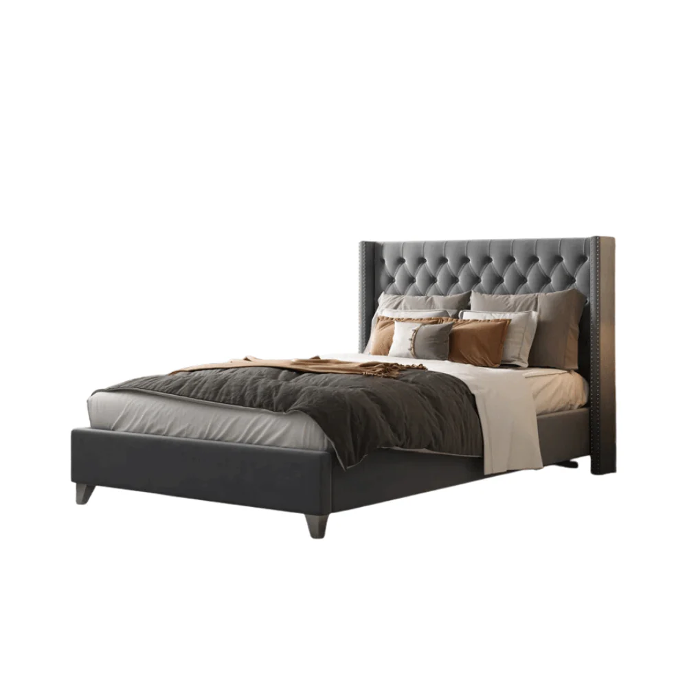 Furniture Crew York Queen Size Non-Storage Upholstered Bed in Grey Color - Image 3