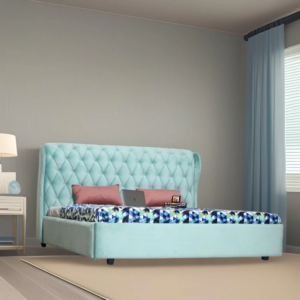 Furniture Crew Berlin Queen Size Non-Storage Upholstered Bed in Teal Color - Image 4